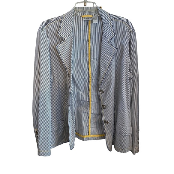 Chico's Seersucker Striped gray & white yellow stitches Yachtie Blazer Jacket - Picture 2 of 12